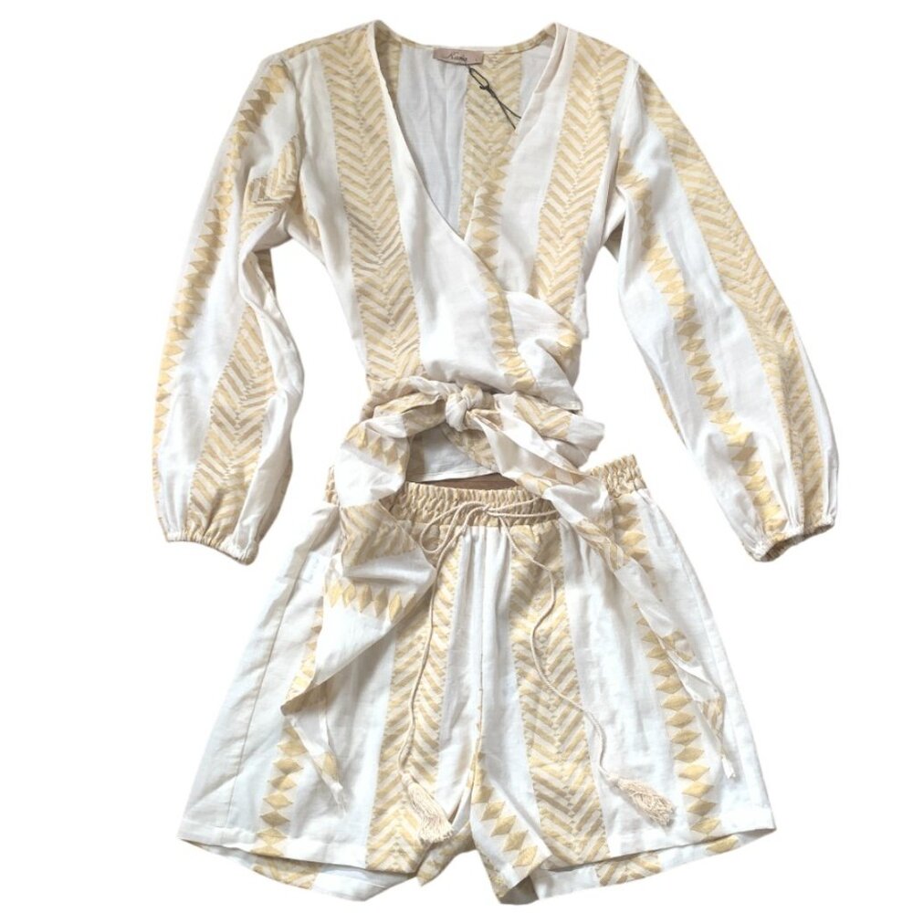 NWT Greece Set: Wrap Blouse, Tie-Waist, Matching Shorts set, Gold & Cream